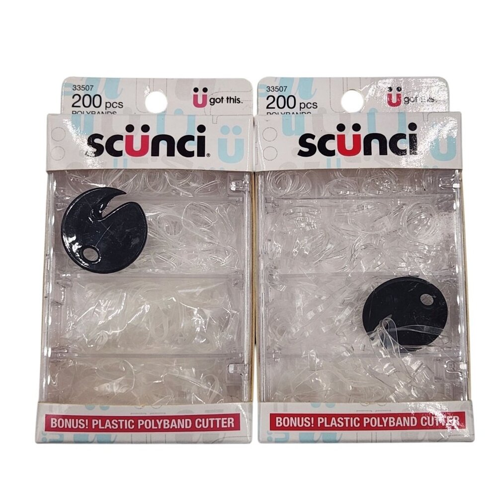 2X Scunci Polybands 200 Pcs Ea Clear Total 400 Bands w/ Plastic Poly Band Cutter